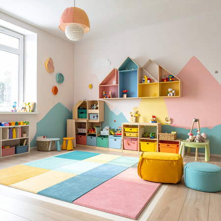 Interior of a children's room with a wooden floor and colorful furnitureの素材