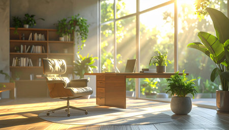Workplace with computer and plants in modern office. 3D renderingの素材