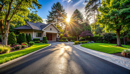 Luxury house with beautiful landscaping. View of the road leading to the backyard.の素材