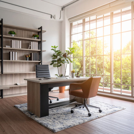 Wooden office desk with armchair and bookshelves near windowの素材