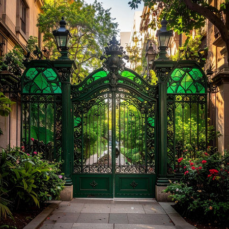 Green metal gate in the old town of San Francisco, California.の素材