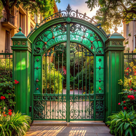 Entrance to a beautiful garden with flowers and green metal gate.の素材