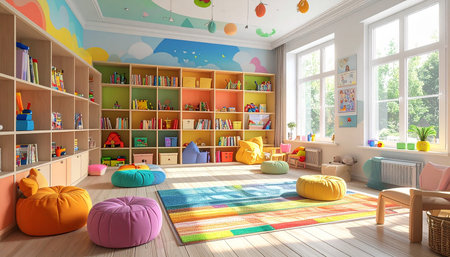 Interior of children's room with colorful furniture. 3d renderの素材
