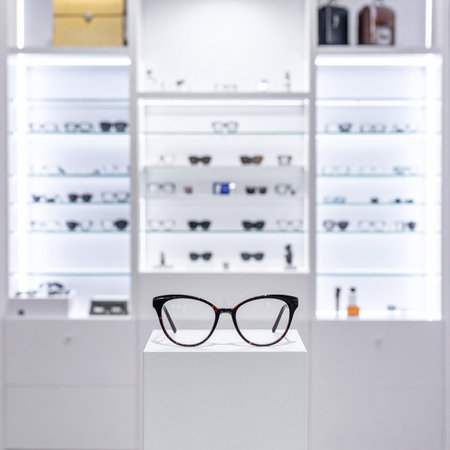 Glasses on display in a optician shop. Eyeglasses in a store.の素材