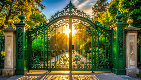 Beautiful green gate with sunlight in the park at sunset time.の素材