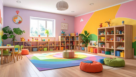Interior of children's room with colorful furniture. 3d renderの素材