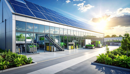 Solar panels on the facade of a modern office building. 3d renderingの素材