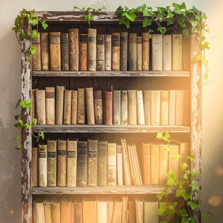 Vintage bookshelves with ivy and plants, filtered imageの素材