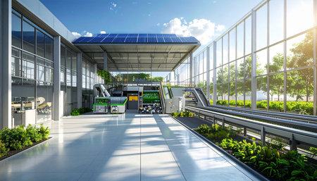 Exterior of modern airport terminal with solar panels. 3d renderingの素材