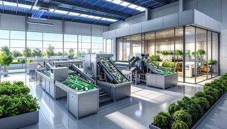 3D rendering of a modern building interior with a lot of green plantsの素材