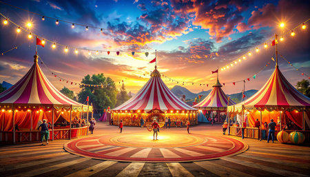 Circus in the evening at sunset. Amusement park in the evening.の素材