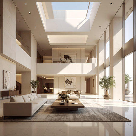 Interior of a living room with a large window. 3d renderingの素材