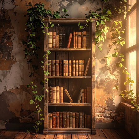 Wooden bookshelf with old books in the interior. 3d renderの素材