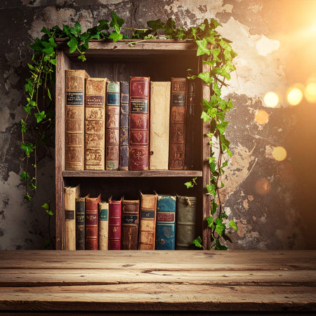 Vintage bookshelf with ivy over grunge wall backgroundの素材