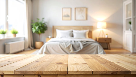 Empty wooden table and blurred background of bedroom interior. For product displayの素材