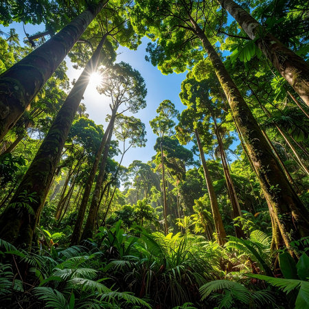 Tropical rainforest with sun shining through trees and fernsの素材