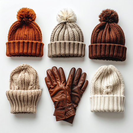 Set of knitted hats and gloves on white background, top viewの素材