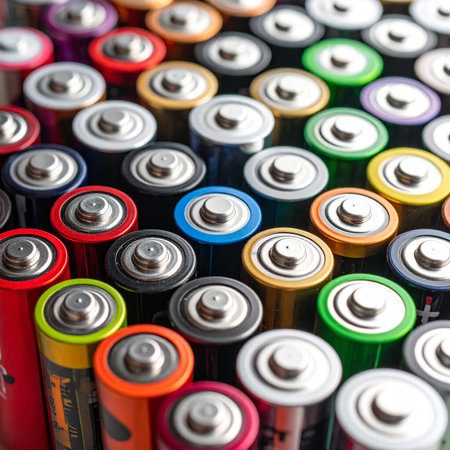Close up of alkaline batteries background. Many different types of battery.の素材