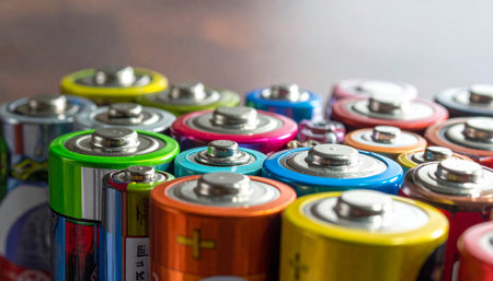 Batteries of different colors on a wooden background. Selective focus.の素材