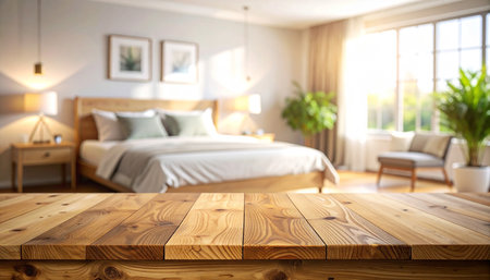 Wooden table in front of blurred bedroom interior. Mock up for designの素材