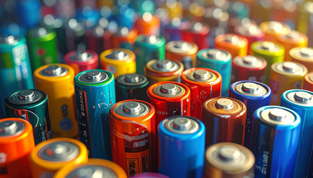Batteries of different colors in the form of a battery.の素材