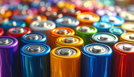 A lot of alkaline batteries close-up. Many colorful batteries.の素材