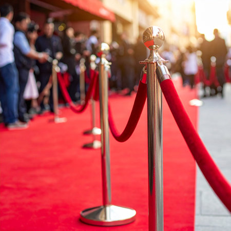 Red carpet and red rope barrier in a luxury hotel or casino.の素材
