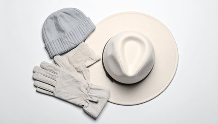 Women's hat, gloves and winter hat on a white background.の素材