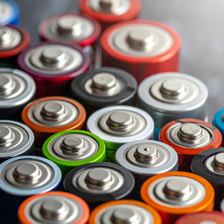 Close-up of different types of batteries. Selective focus.の素材