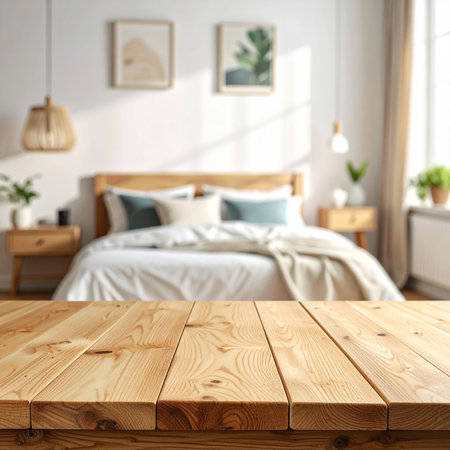 Wooden table top on blur background of bedroom interior, product display montageの素材