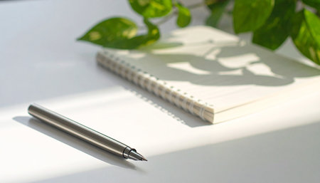 Pen and notebook on white table with shadow of plant in sunlight.の素材