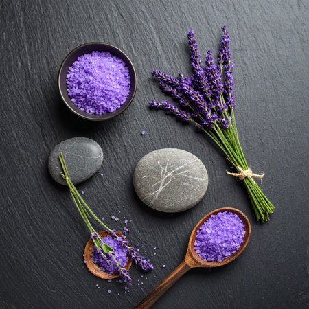 Spa composition with lavender and sea salt on black background, top viewの素材