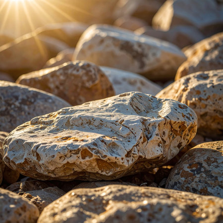 Rocks on the seashore in the rays of the setting sunの素材