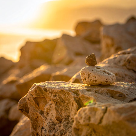 zen stones on the beach at sunset, shallow depth of field.の素材