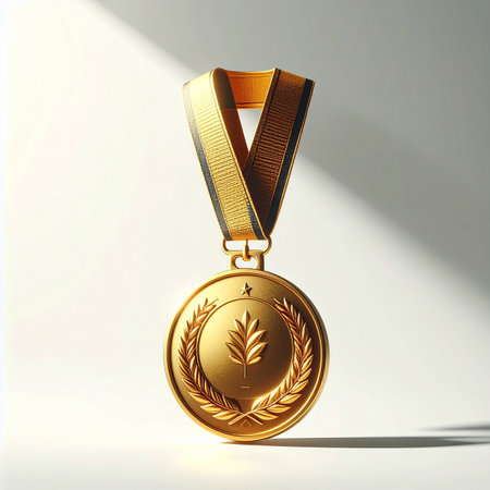 Gold medal with laurel wreath on white background. 3D renderingの素材