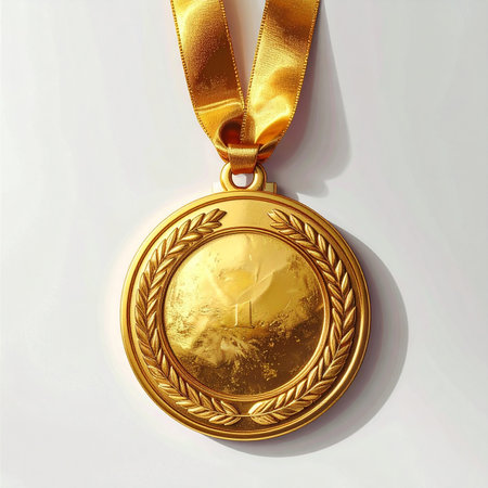 Gold medal on a white background. 3d illustration. Top view.の素材