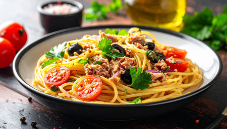 Spaghetti with tuna, olives and tomatoes on a wooden tableの素材