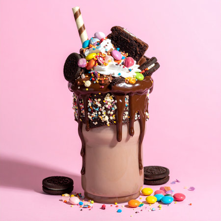 Chocolate milkshake with whipped cream and colorful candies on pink backgroundの素材