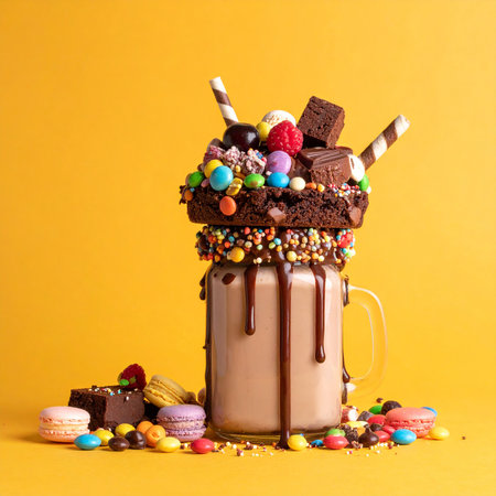 Chocolate milkshake with colorful candies and macaroons on yellow backgroundの素材