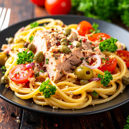 Spaghetti with tuna, olives, capers and tomatoes on wooden tableの素材
