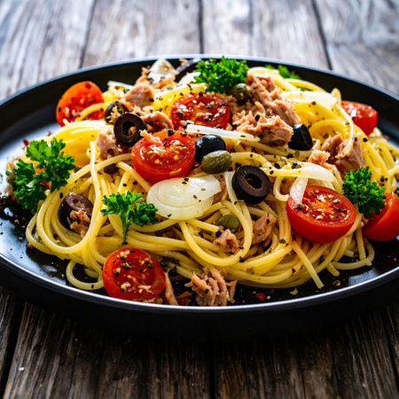 Spaghetti with tuna, olives and tomatoes on a black plateの素材