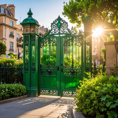 Beautiful entrance to the old house in Paris, France. Green door.の素材