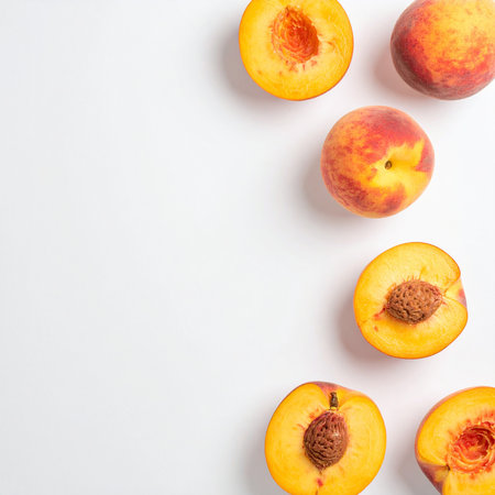Ripe peaches on white background. Flat lay, top viewの素材