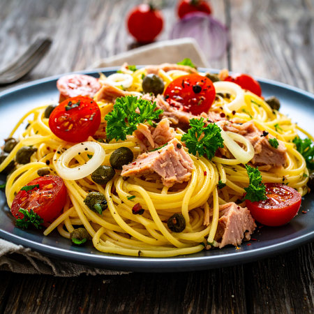 Spaghetti with tuna, capers and cherry tomatoes on wooden backgroundの素材
