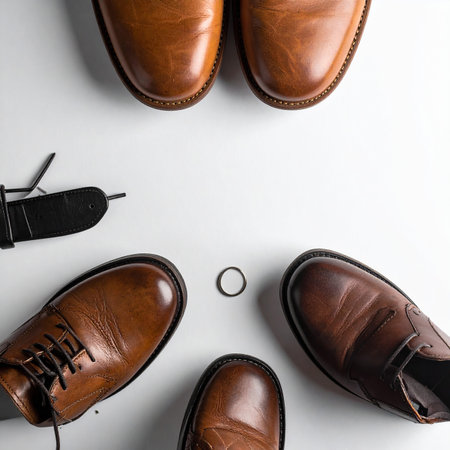 Men's shoes on a white background. Flat lay, top view.の素材