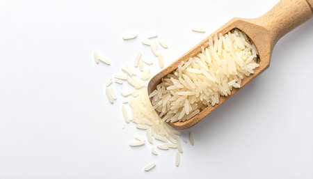Uncooked rice in wooden scoop on white background, top view.の素材