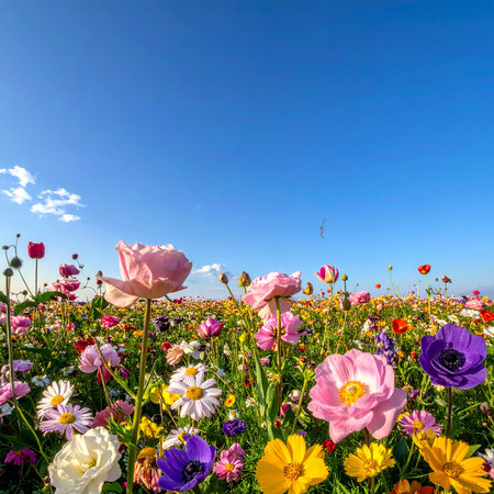 Flower meadow with colorful flowers under blue sky in spring timeの素材