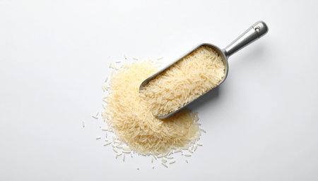 Scoop with uncooked rice on white background, top viewの素材