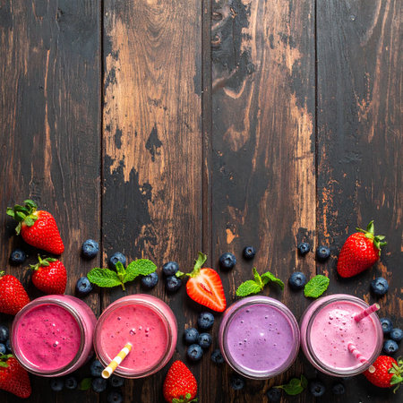 Blueberry, strawberry and strawberry smoothies on rustic wooden backgroundの素材