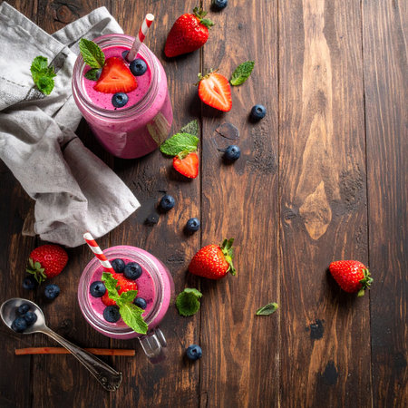 Smoothies with blueberries and strawberries in mason jars on a wooden backgroundの素材